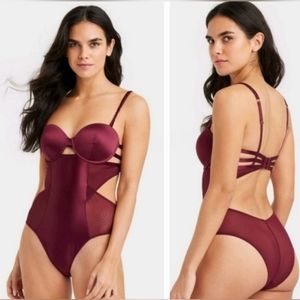 Auden Intimates Satin Lightly Lined Bodysuit Burgandy size medium